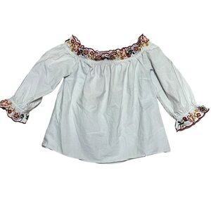 THE IMPECCABLE PIG Off Shoulder Floral Embroidered Boho Peasant Blouse, Medium